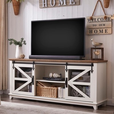 OKD 66" Farmhouse TV Stand w/Sliding Barn Door, TV Console for 75 Inch TV