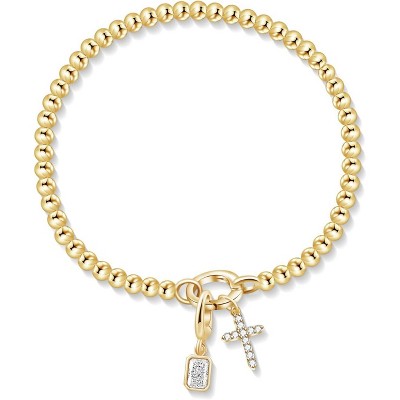 Free bird Cross Birthstone Bracelet | Dainty 14K Gold Plated Cross Charm Bracelet | Stretchable Elastic Gold Beaded Bracelet