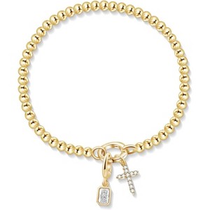 Free bird Cross Birthstone Bracelet | Dainty 14K Gold Plated Cross Charm Bracelet | Stretchable Elastic Gold Beaded Bracelet - 1 of 4
