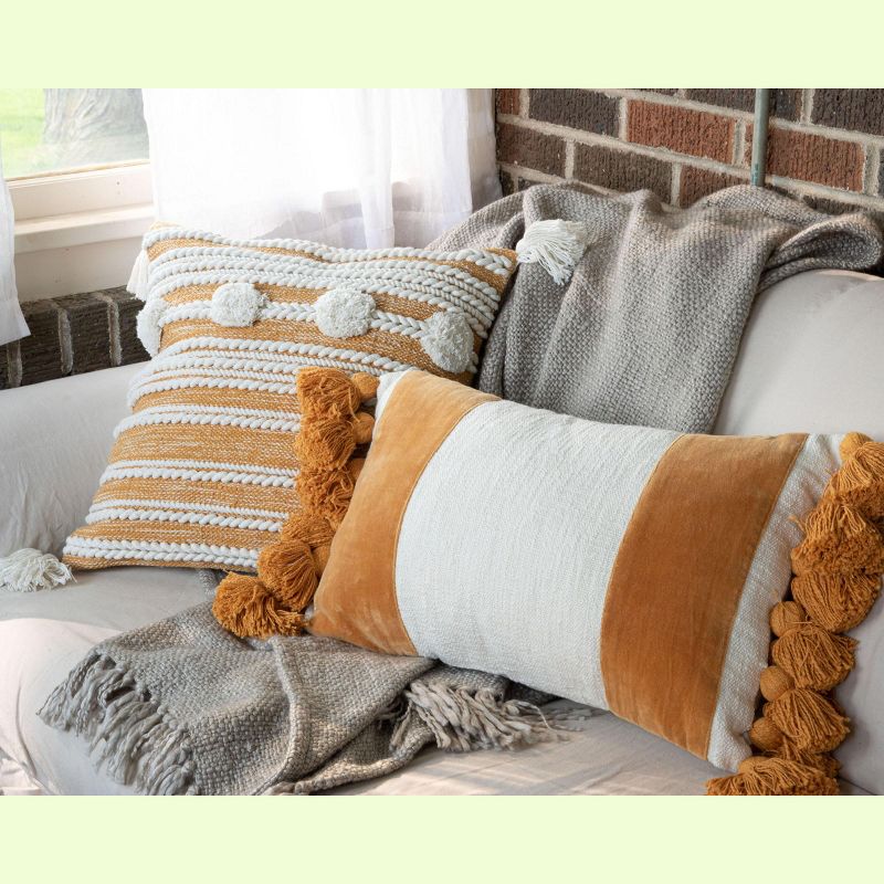 Wide Striped Hand Woven 14x22" Decorative Cotton Throw Pillow with Hand Tied Tassels - Foreside Home & Garden, 4 of 7