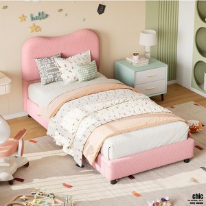 Jojoka Twin/Full/Queen Size Bed Frame, Boucle Upholstered Platform w/ Rounded Headboard, Wooden Slats, Low Profile, Heavy Duty, No Box Spring Needed - 1 of 4