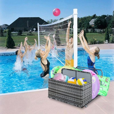 Double Layer Poolside Float Storage - PE Rattan Outdoor Caddy with Rolling Wheels - Sturdy Dark gray Patio Deck Box for Pool and Beach