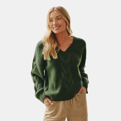 Women's Cozy Olive Green Cable Knit V-Neck Sweater - Cupshe