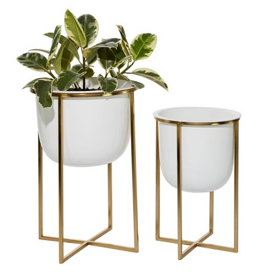 Set Of 2 Metal Planters Gold/white - Cosmoliving By Cosmopolitan