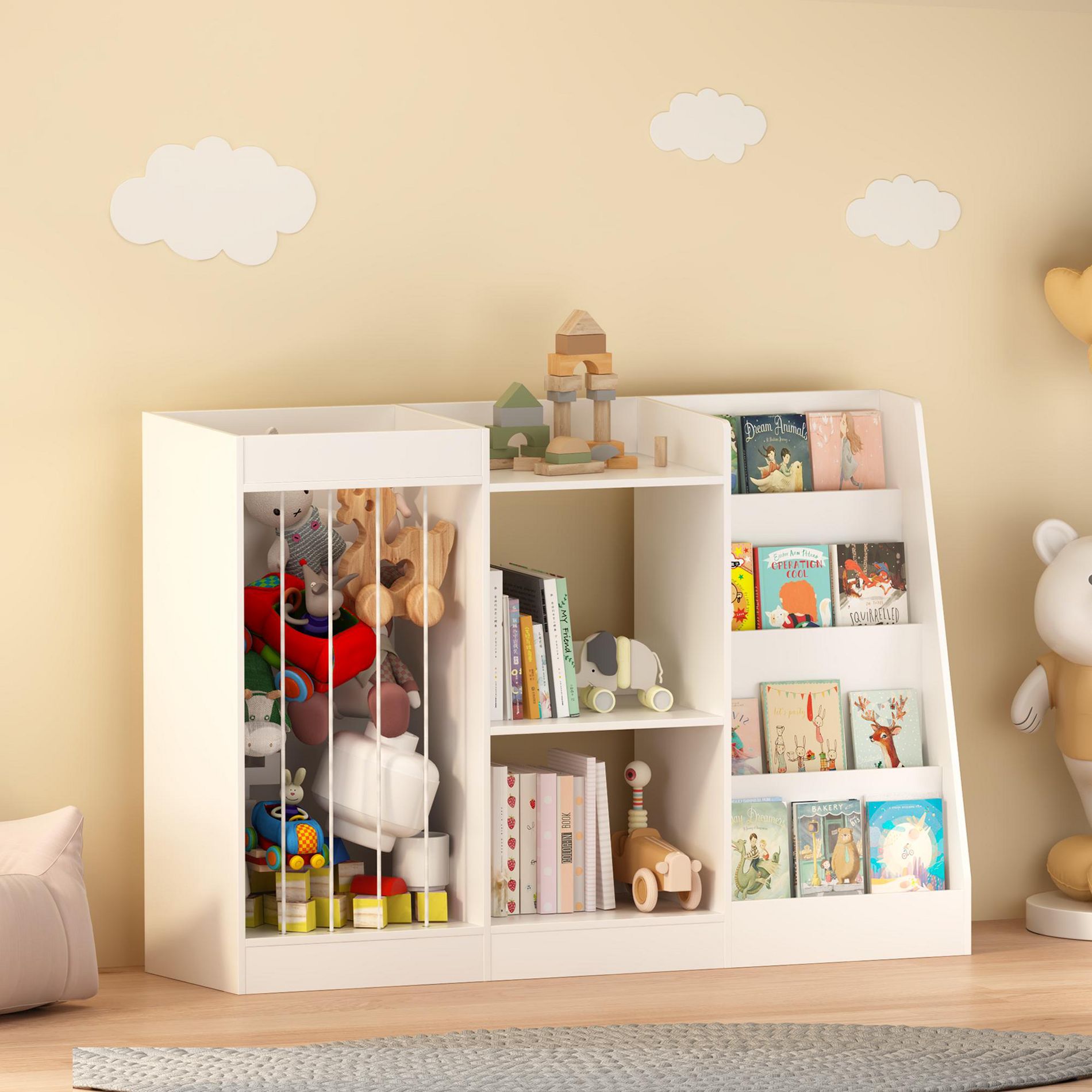 Kids Bookshelf and Toy Storage, 3-Tier Toddler Bookcase with Sling Book Rack and Stuffed Animal Storage, White