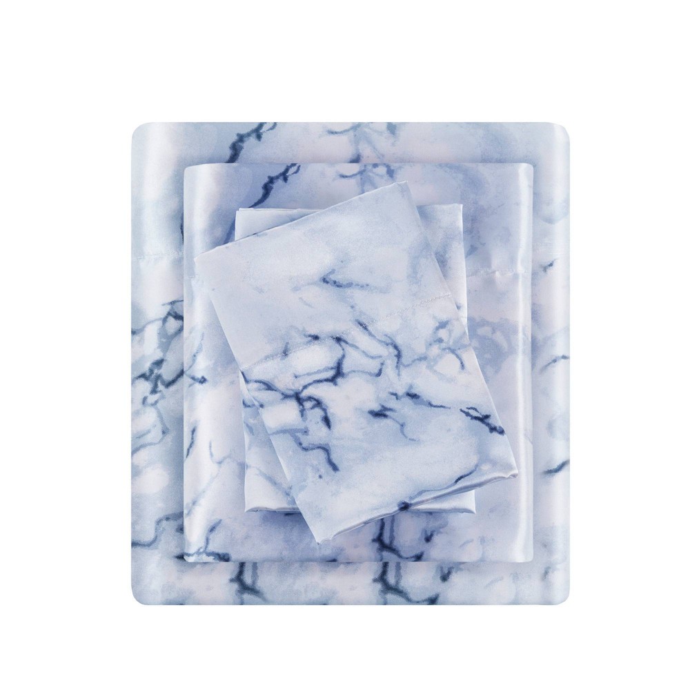 Photos - Bed Linen Queen Printed Satin Sheet Set Blue Marble - Madison Park