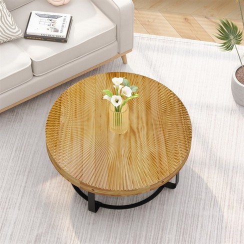 Modern Round Coffee Table, Farmhouse Wooden Carving Pattern Coffee Table, Rustic Side Table With Metal Legs, Center Table For Living Room Office - image 1 of 4