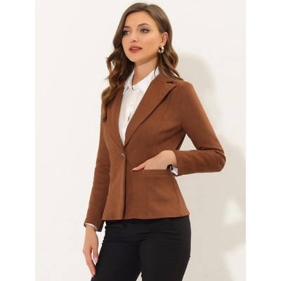 INSPIRE CHIC Women's Lapel Collar Long Sleeve Faux Suede Work Office Blazer 2 Packs Caramel/Coffee Large — фото 5