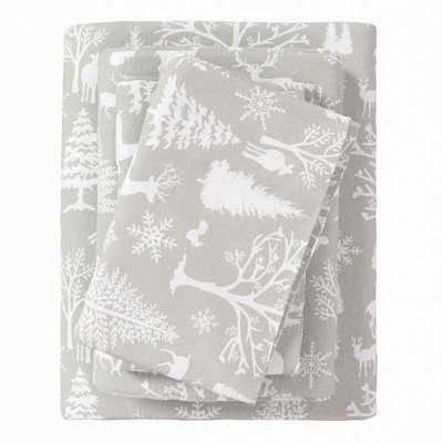 100% Cotton Lodge Print Flannel Sheet Set - Great Bay Home (King, Enchanted Woods - Grey)