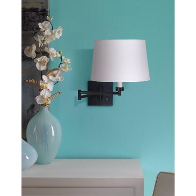 Espresso Swing Arm Dimmable Wall Lamp with White Linen Shade