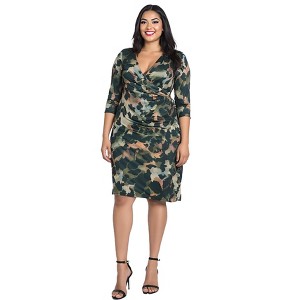 24seven Comfort Apparel Three Quarter Sleeve Faux Wrap Dress in Green Animal Print - 1 of 3