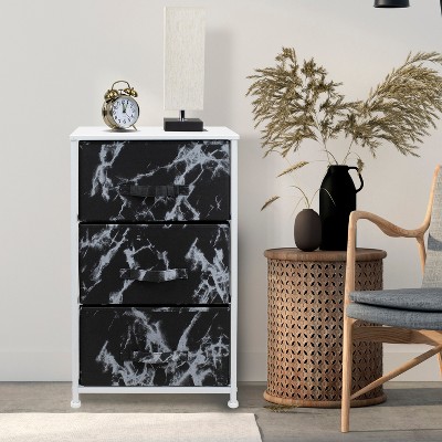 White Frame Black Marble 3-Drawer Nightstand with Fabric Bins
