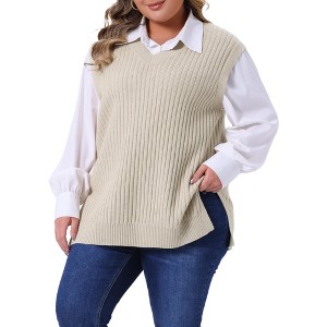 Women's Plus Size Ribbed Knit Split Hem V Neck Sleeveless Casual Loose Sweater Vest - Agnes Orinda - 1 of 4