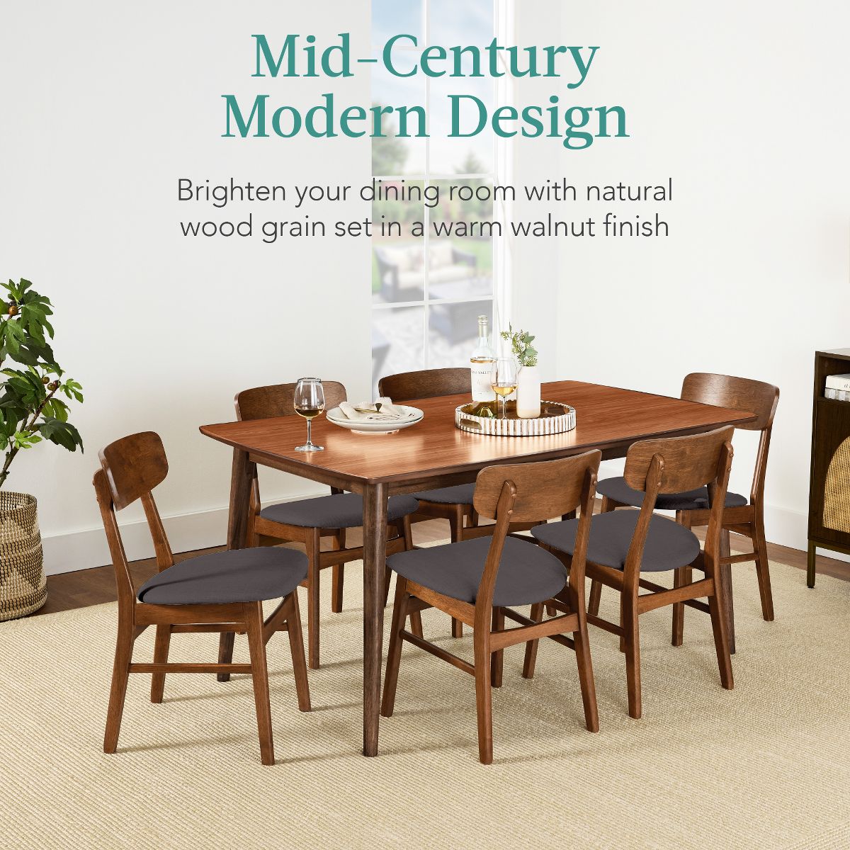 Best Choice Products 7-Piece Mid-Century Modern Upholstered Dining Set, Wooden Table w/ 6 Chairs - Walnut/Gray - thumbnail 2