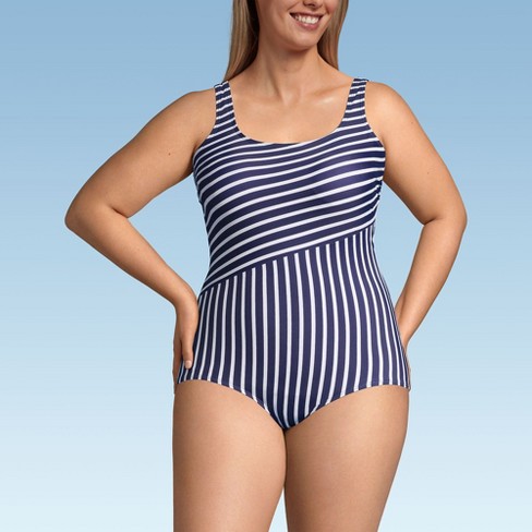 Lands End Women s Plus Size Long Torso Scoop Neck Tugless One Piece Swimsuit 26w Deep Sea white Media Stripe Target