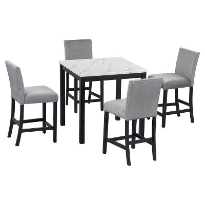 NicBex 5 Piece Dining Table Set with Faux Marble Top for 4 Kitchen Rectangle Table Set with 4 Nailhead Trims Side Chairs for Dining Room