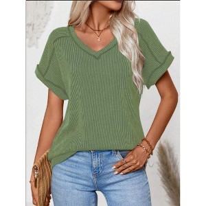 Clearlove Women's Summer V-Neck Blouse Twist Strip Color Matching Short-Sleeved Loose T-Shirt - 1 of 2