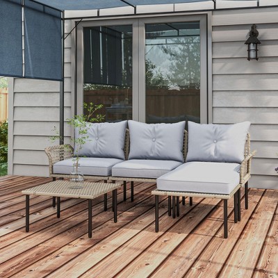 Light Gray 5-Piece Rattan Patio Furniture Set with Cushions