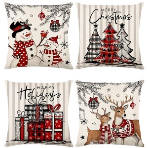 Christmas Throw Pillow Covers 18x18 Set of 4,Linen Pillow Cases Red White Plaid Snowman Christmas Tree - 1 of 4