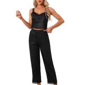 cheibear Women's Satin Lace Trim Cami with Long Pant 2 Pieces Pajama Set - 1 of 4