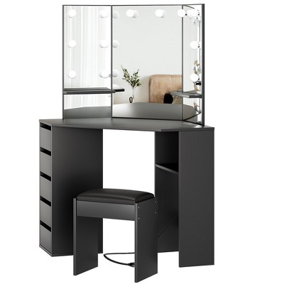 Adult Dressing Table, Wooden Makeup Vanity Desk, Corner Dressing Table with Mirror, Light, Drawers, Shelves, for Bedroom, Living Room