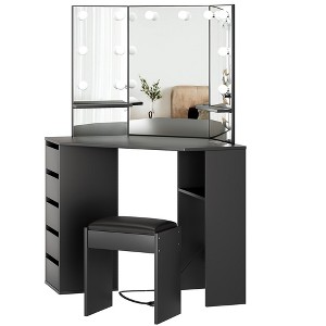 Adult Dressing Table, Wooden Makeup Vanity Desk, Corner Dressing Table with Mirror, Light, Drawers, Shelves, for Bedroom, Living Room - 1 of 4