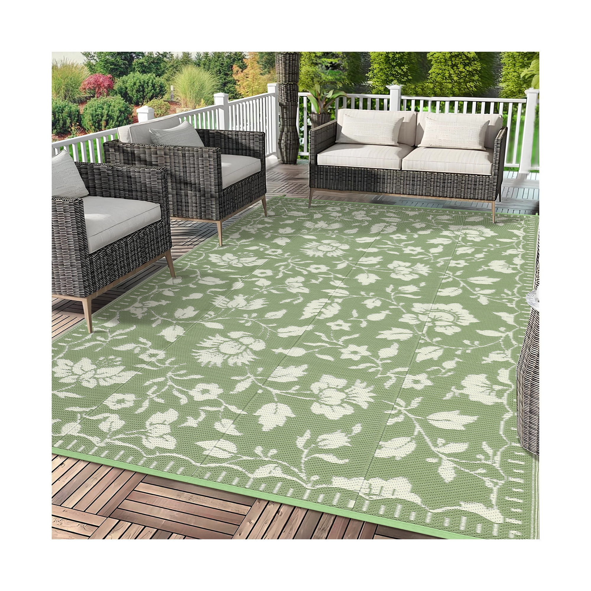 Garvee 5x8 Floral Outdoor Rug, Waterproof Reversible Plastic Straw Rug, Foldable Outdoor Area Rug for Patio, Picnic, Beach, Balcony