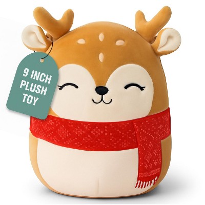 Christmas Reindeer Plush Gift Toy, 9" Soft Cuddly Christmas Deer Plushie with Red Scarf, Holiday Pillow Plush Gift Toy, Cozy Christmas Gift & Decor