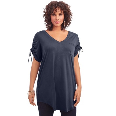 Roaman's Women's Plus Size Ruched-sleeve Ultra Femme Tunic, 12 - Navy ...