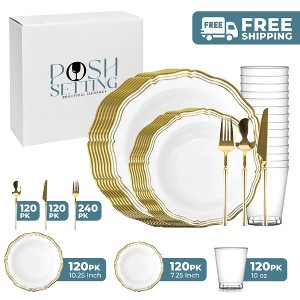 Posh Setting 840 Piece White And Gold Plastic Party Bundle - Aristocrat (120 Settings) - 1 of 4