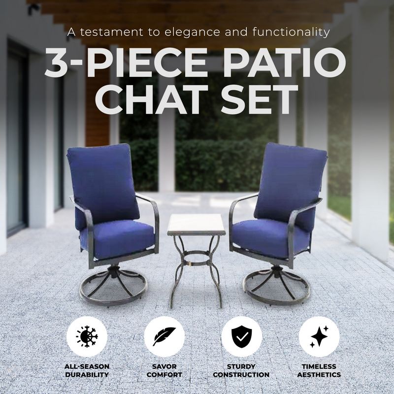 Four Seasons Courtyard Brookfield 3 Piece Deep Seating Patio Chat Set, Includes 2 Swivel Rockers with Olefin Cushions and Tile Table, Navy, 2 of 7