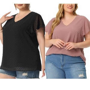 Women's Plus Size 2 Pieces Swiss Dot V Neck Flutter Sleeves Summer Casual Blouses -Agnes Orinda - 1 of 4