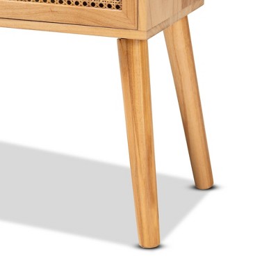 Mid-Century Oak Brown Wood Console Table with Rattan Drawers