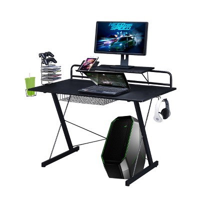 Black Carbon Fiber Gaming Desk with Drawer and Cup Holder