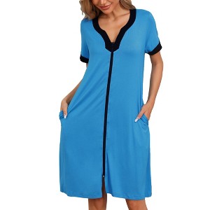 cheibear Women's Zipper Front Short Sleeves V-neck Nightgown with Pockets - 1 of 4