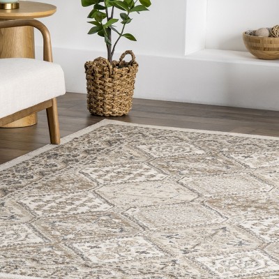 Beige Synthetic 3' x 5' Traditional Tile Easy-Care Area Rug