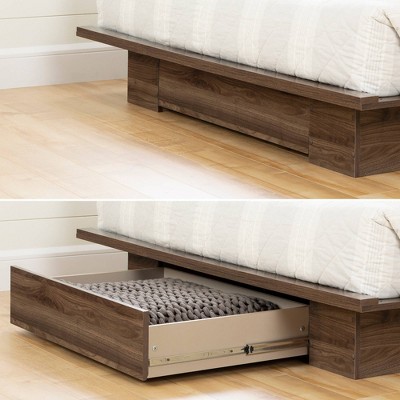 Queen Walnut Wood Frame Platform Bed with Storage Drawer