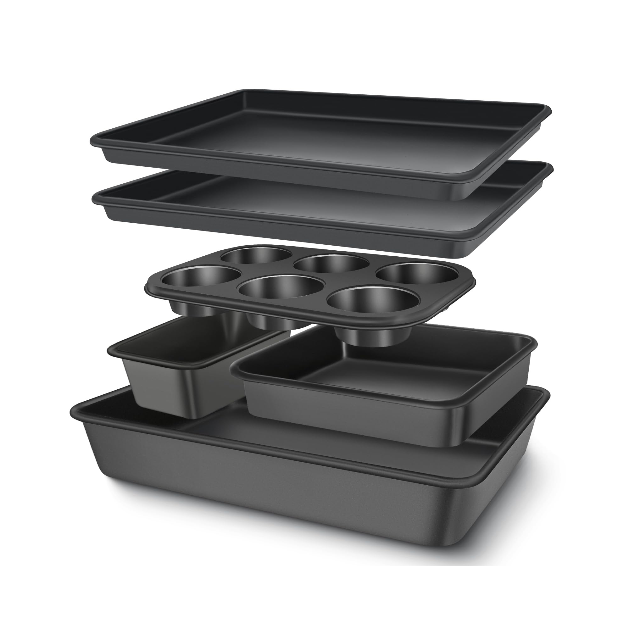 Angel Sar 6-Piece Carbon Steel Nonstick Bakeware Set, Stackable Baking Pans with Cookie Sheets, Roaster Pan, Square Pan, Loaf Pan, Muffin Pan