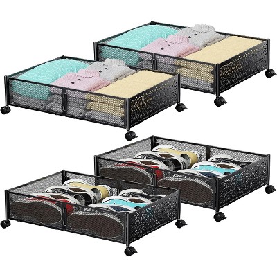 Under Bed Storage with Wheels, Tool-Free Assembly Metal Roll-Out Drawers for Shoes, Clothes & Blankets, Space-Saving Organizer