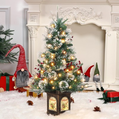 Homhougo 3FT 2-Pack Mini Flocked Christmas Trees with Vintage Bells Base, Holiday Accent for Indoor or Porch