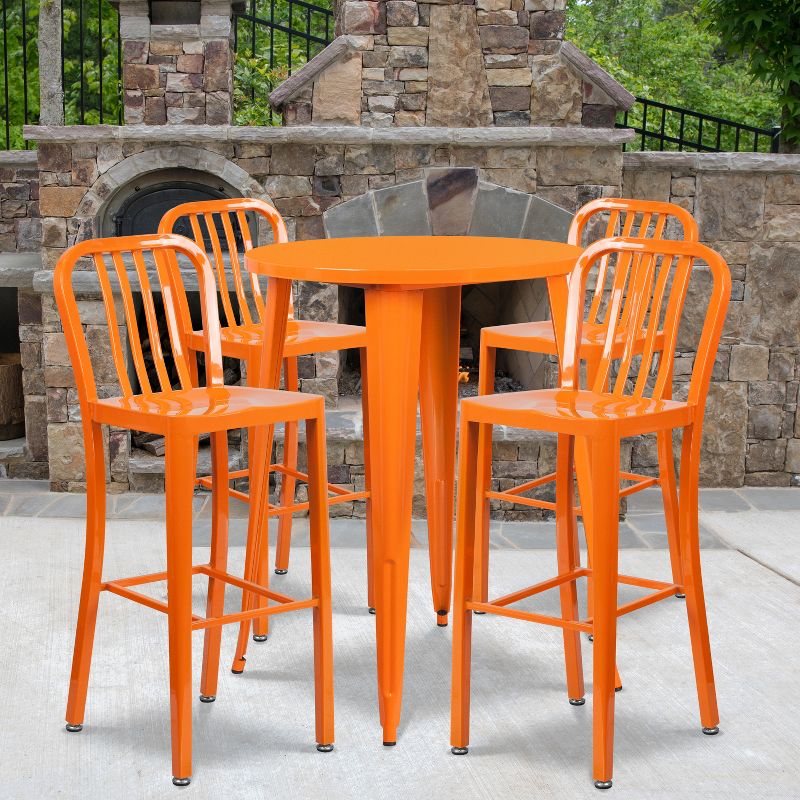 Emma and Oliver Commercial 30" Round Metal Indoor-Outdoor Bar Table Set & 4 Slat Back Stools, 2 of 5