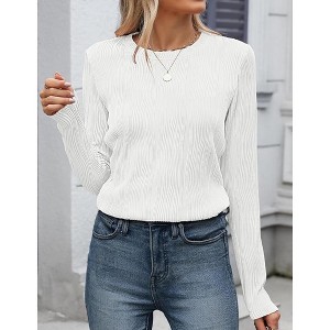 Women's Textured Knit Top Long Sleeve Crewneck Ribbed Shirt Slim Fit Blouse - 1 of 4