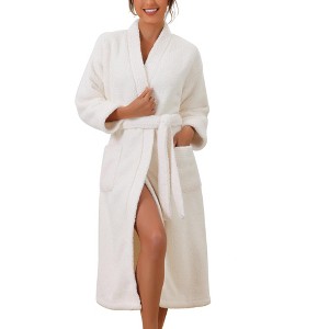 cheibear Women's Fluffy Fleece Long Sleeve Thick Plush Self-Tie Long Bathrobe - 1 of 4