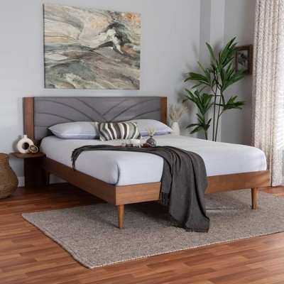 Baxton Studio Hemera Fabric and Wood Platform Bed with Floating Side Table Gray/Walnut Brown