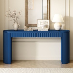 Blue Console Table with Pine Veneer and Vertical Fluted Design,Modern Entryway Accent Table with Drawers–The Pop Home - 1 of 4