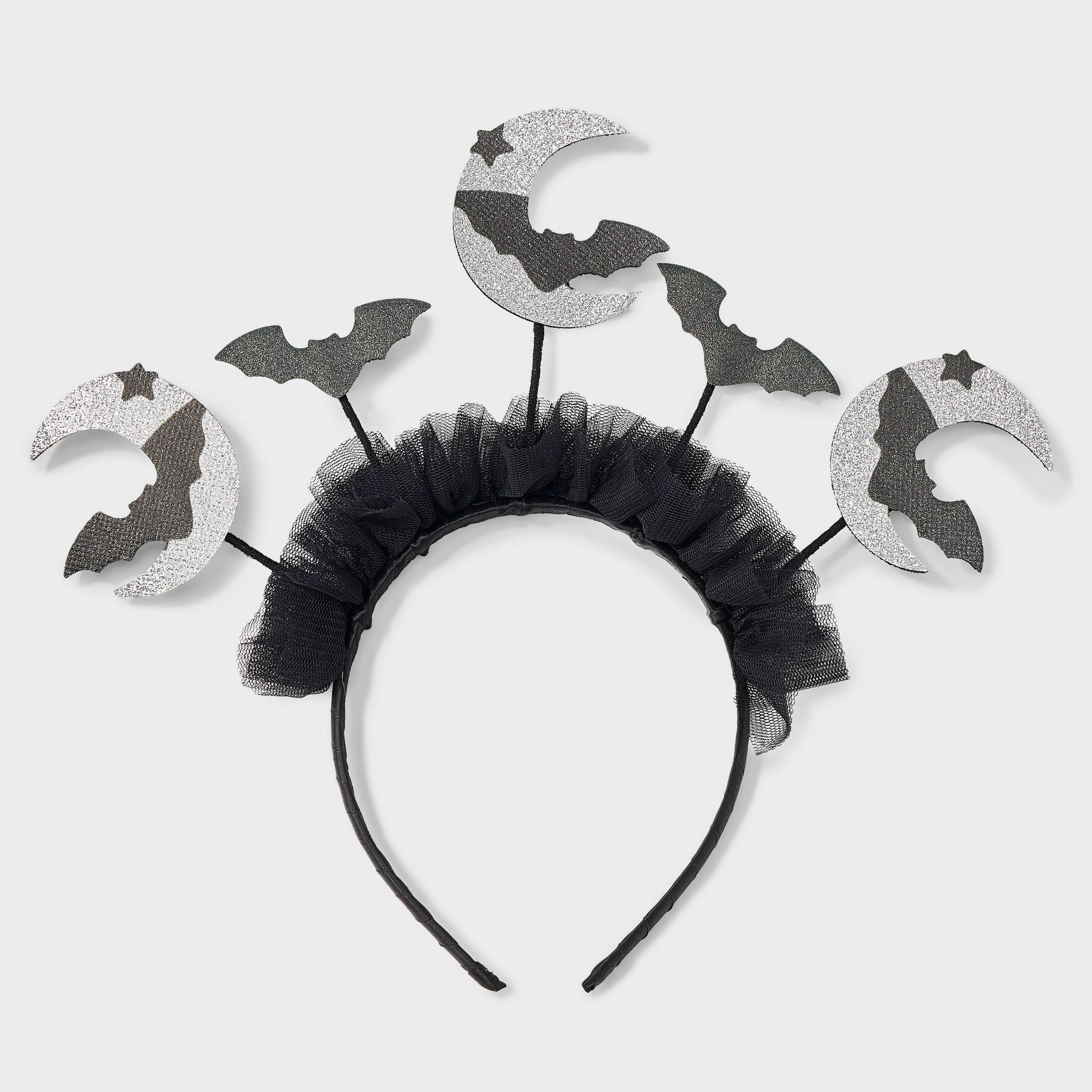 Halloween Glitter Moon and Bat Icon Tinsel Headband - Black/Silver
