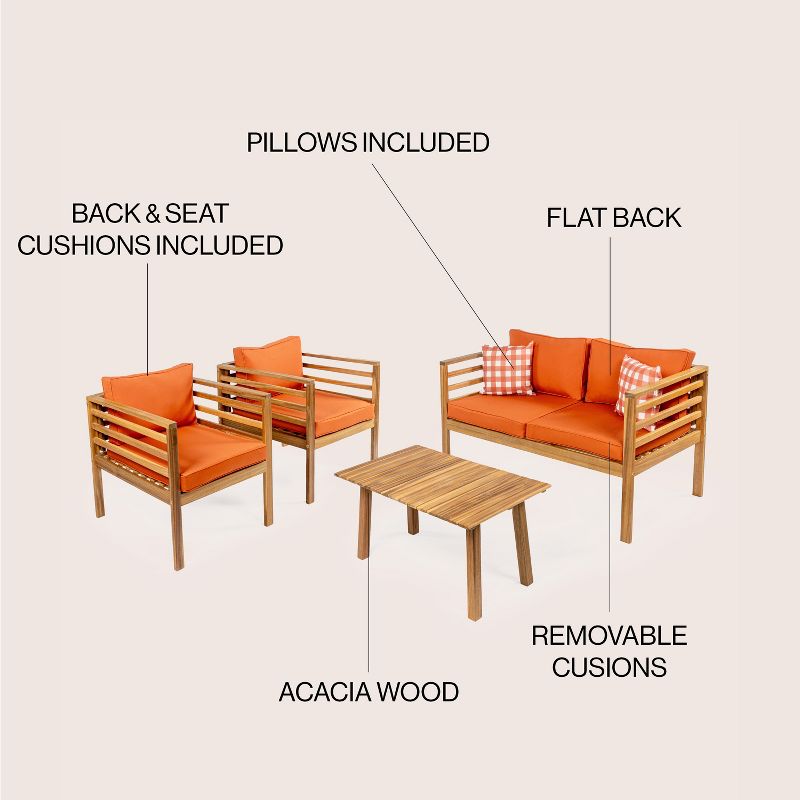 Thom 4-Piece Mid-Century Modern Acacia Wood Outdoor Patio Set with Cushions and Plaid Decorative Pillows - JONATHAN Y, 5 of 8