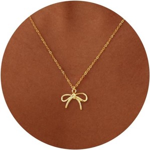Gold Bow Pendant Necklace for Women, 14K Gold Plated CZ Bead Choker Christmas Gift - 1 of 4
