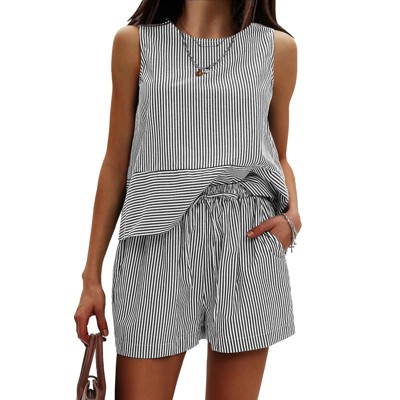 EXLURA Women's Summer 2 Piece Outfits Sleeveless Tank Top Matching Shorts Sets Cotton Striped Sweatsuits Vacation Beach 2025