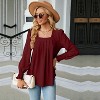 Water-Soluble Hollow Jacquard Pleated Square Neck Long Sleeve Tailcoat Solid Color T-Shirt Top - 3 of 4